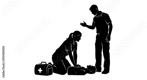First aider performing CPR on a patient while a man observes the scene.