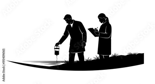 Two men working on a large map outdoors with tools and papers