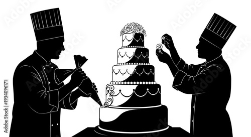 Two chefs decorating a large multi-tiered wedding cake with icing