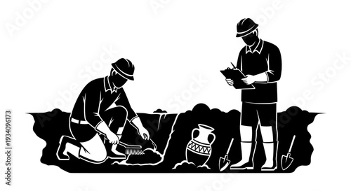 Two construction workers inspect and document a site with tools and equipment