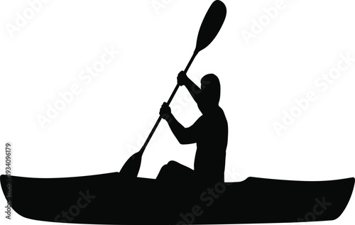 Silhouette of kayaker paddling with raised double-bladed paddle in dynamic pose, water sport illustration symbolizing adventure, recreation, fitness, and outdoor activity design