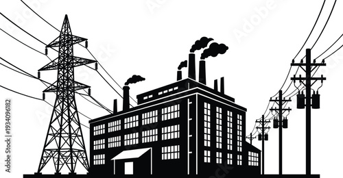 Industrial power plant with transmission tower and utility poles, black silhouette vector illustration of factory energy production and electrical distribution network