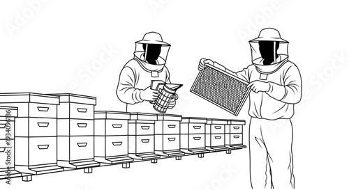 Beekeepers inspect apiary boxes in an outdoor setting carefully handling equipment
