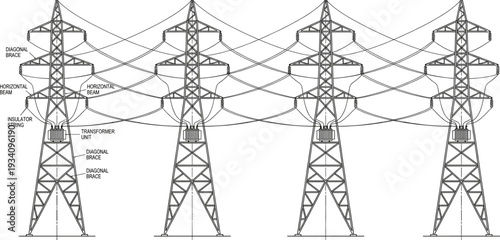 High voltage transmission tower technical diagram, detailed black and white vector illustration of electrical grid structure with labeled components and power lines infrastructure