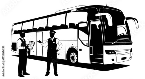 Two security guards stand beside a large passenger bus on the street