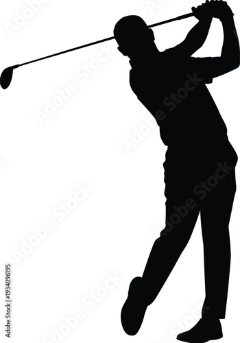 Silhouette of golfer swinging club in dynamic follow-through pose, sports illustration symbolizing golf motion, athletic design element for recreation, competition, and fitness projects