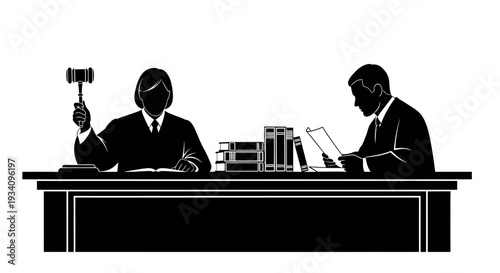 Judge bangs gavel at desk with lawyer discussing documents in courtroom