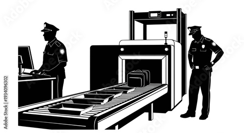 Security officers operate and monitor airport luggage scanner machine