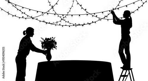 Two people decorating a table with lights and flowers for an event