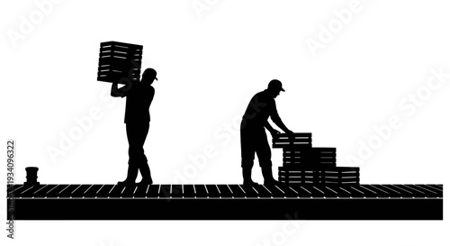 Workers stacking crates on a rooftop in an industrial area at night