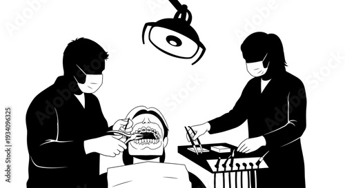 Dentist and assistant perform surgery on patient under bright light