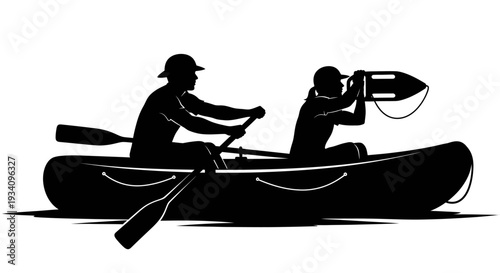 Two people in a canoe on water with paddles and surfboard