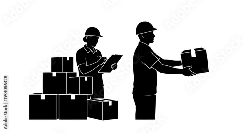 Workers handling boxes and inventory in a warehouse setting indoors