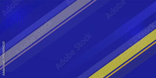 Abstract blue banner design vector, dynamic sporty horizontal background template with blue and yellow shapes for media promotion or web banner