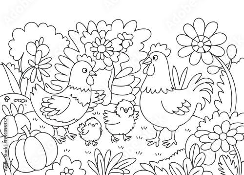 coloring page with chiken family