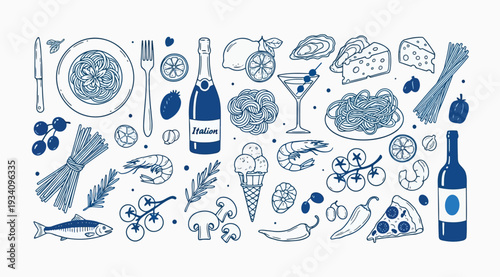 A blue and white illustration of various food and drink items including seafood wine bottles cheese plates and utensils on a white background