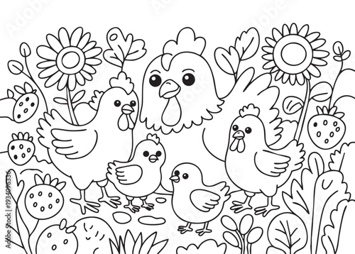 chiken and flowers. coloring page