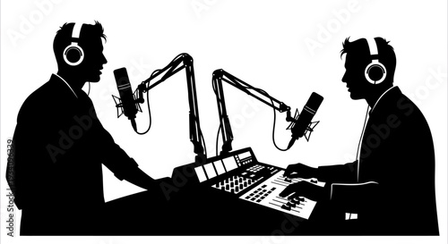 Two men in headphones sitting at a desk with microphones and a computer