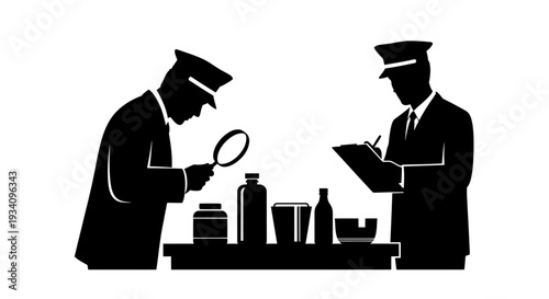 Two police officers examine evidence on a table with a magnifying glass and notebook