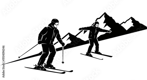 Two skiers skiing down snowy mountain slope with peaks