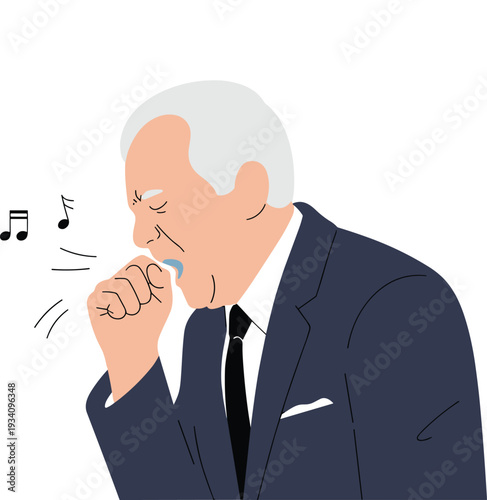 Senior man coughing with hand covering mouth, respiratory infection symptom concept, healthcare awareness and illness prevention illustration artwork