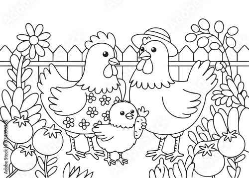 hen and chicks, vector coloring page