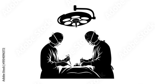 Two surgeons performing surgery on patient under operating light