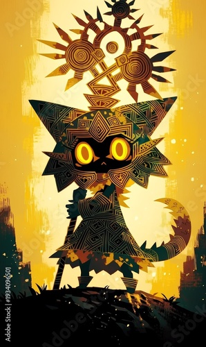 Cartoon Aztec Sun Deity Statue in Ancient Jungle Setting