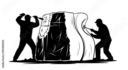 Two workers unroll a large rolled-up sheet in an industrial setting.