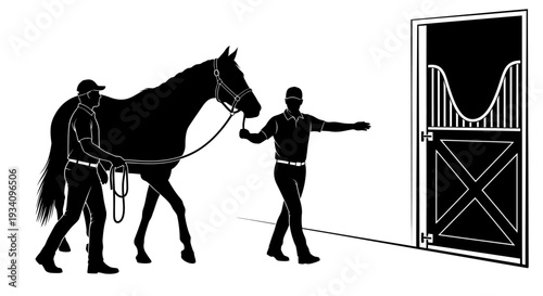 Two men lead a horse to an open stable door at night