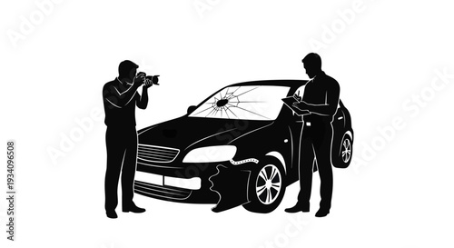 Police officer photographing damaged car with another officer nearby outside