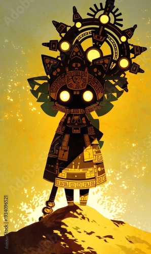 Cartoon Aztec Sun Deity Statue in Ancient Jungle Setting