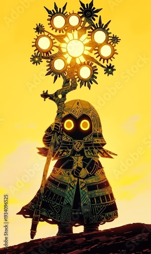 Cartoon Aztec Sun Deity Statue in Ancient Jungle Setting