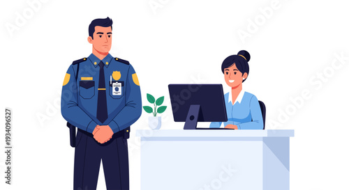 Police officer standing next to a woman sitting at a desk with a computer