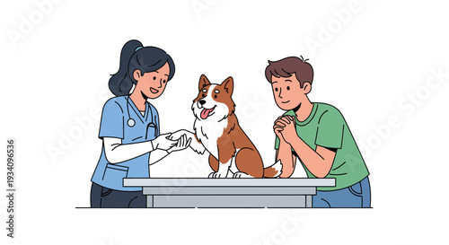 A woman examines a dog with a man at a veterinary clinic table.