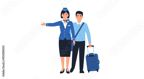 Flight attendant and passenger standing together with luggage at airport