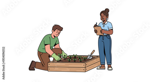Man and woman planting seedlings in a wooden planter box outdoors