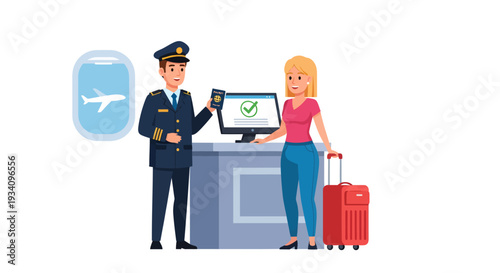 Airline staff member checks in a female passenger at airport counter