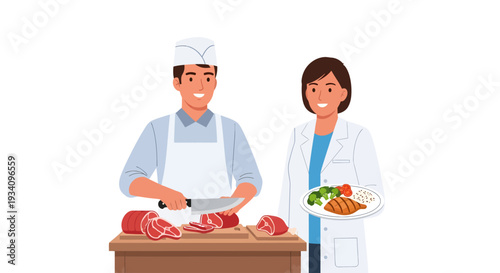 Chef cutting meat while nutritionist holds vegetables in kitchen