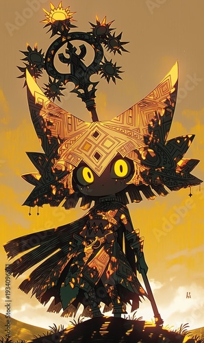 Cartoon Aztec Sun Deity Statue in Ancient Jungle Setting