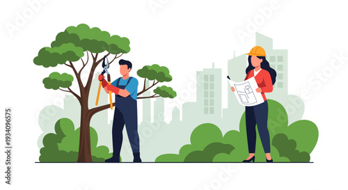 Workers inspect tree in city park with building background