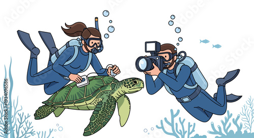 Two scuba divers capturing a green sea turtle underwater with camera equipment