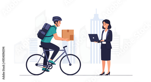 Delivery person on bicycle handing package to business woman in city