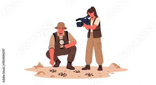 Two men investigating footprints in the desert with camera and magnifying glass
