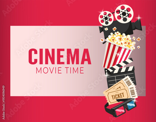 Online cinema banner or movie poster with popcorn, 3D glasses, tickets, movie projector, and clapperboard. Cinema time. Vector illustration for background.