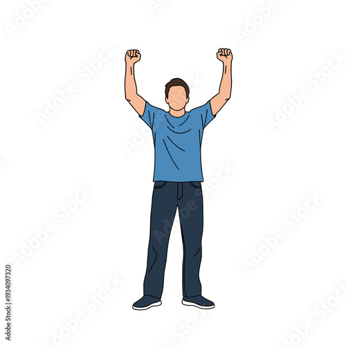 Man Celebrating with Raised Fists in Blue Shirt.