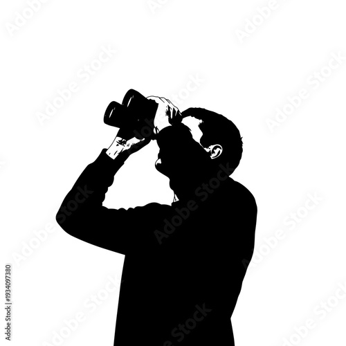 Man Looking Through Binoculars Silhouette Profile.