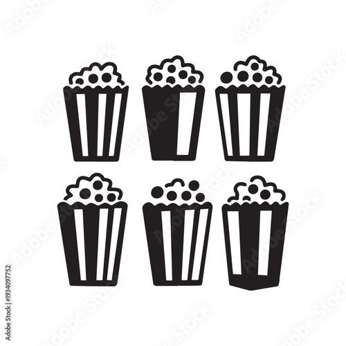 Black and White Icon Set of Movie Theater Popcorn in Striped Buckets. 