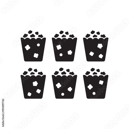 Black and White Icon Set of Movie Theater Popcorn in Striped Buckets. 