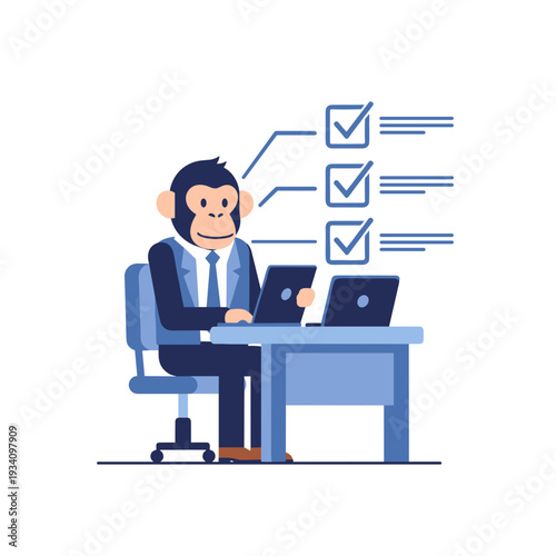 Monkey in Suit Working on Laptops.